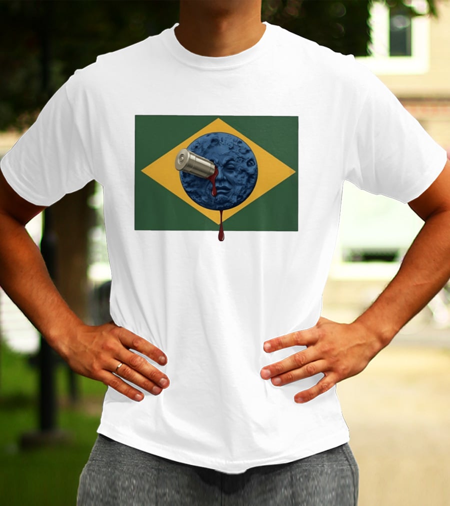 Brazil Flag Moon Face With Bullet And Bleeding Effect T-Shirt