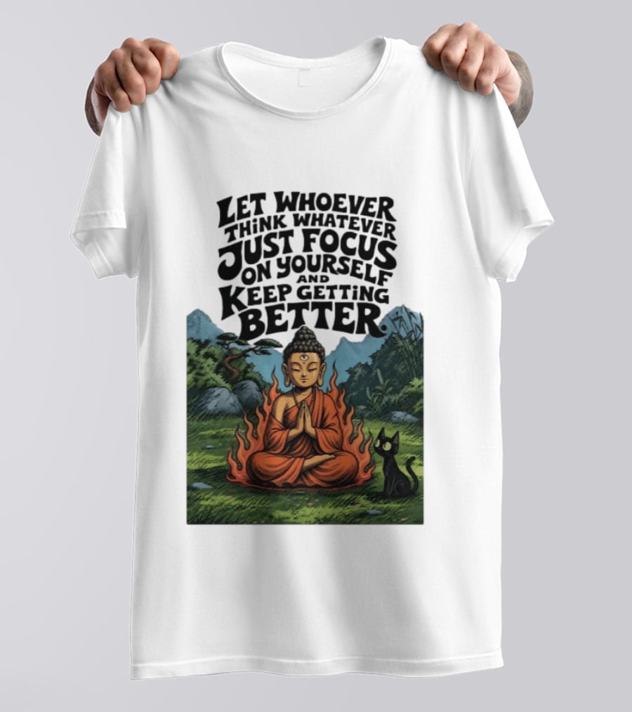 Let Whoever Think Whatever Just Focus On Yourself And Keep Getting Better Buddha Cat In Nature Scene T-Shirt