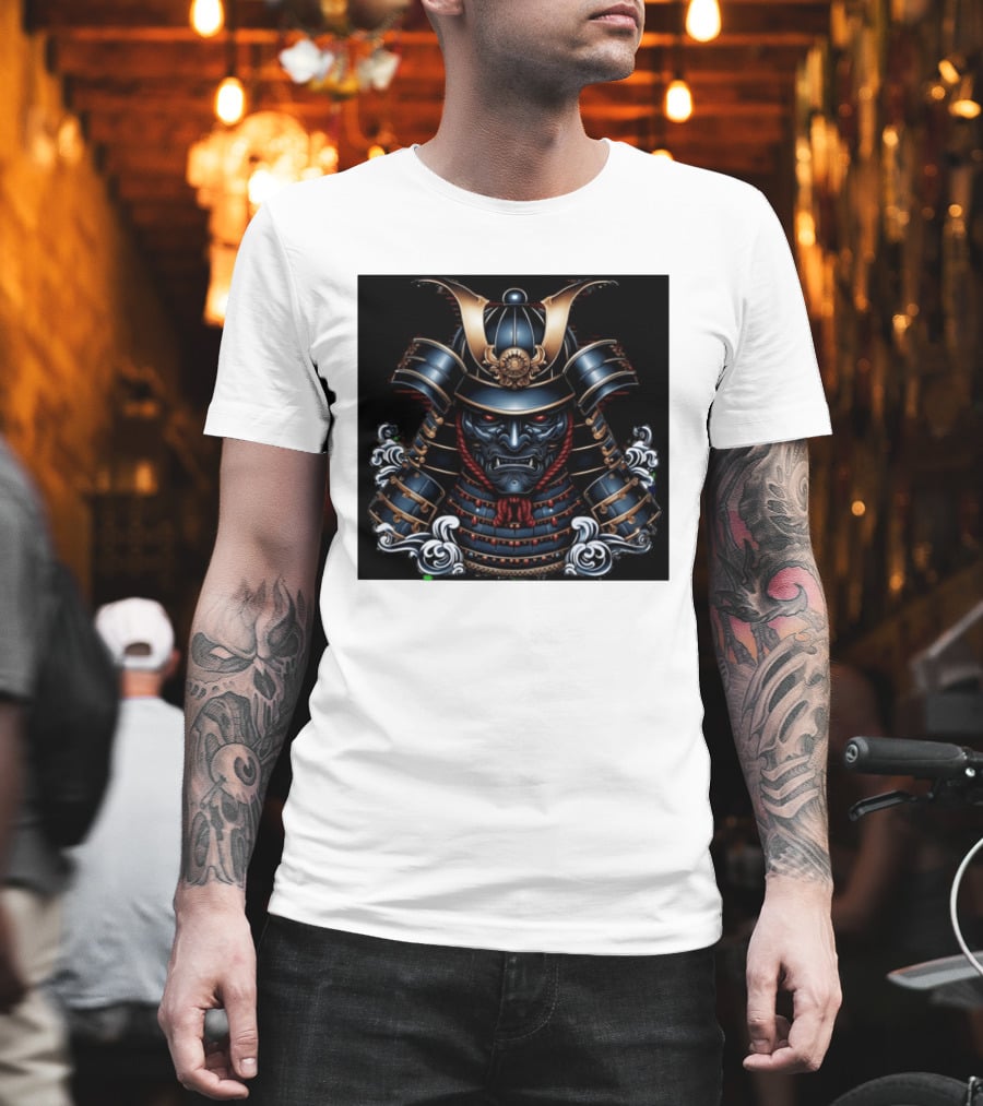 Samurai Warrior Mask Helmet With Traditional Armor And Red Accents T-Shirt