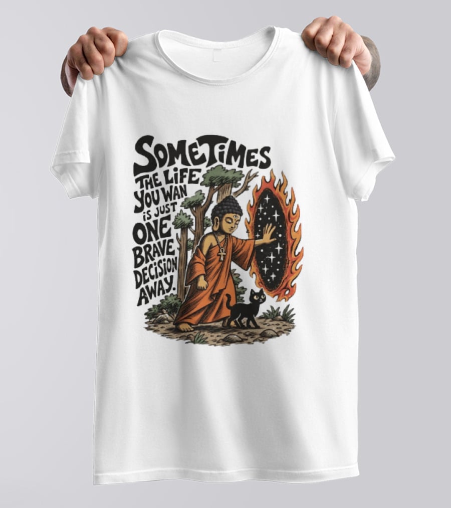 Sometimes The Life You Want Is Just One Brave Decision Away Buddha Cat Portal Forest T-Shirt