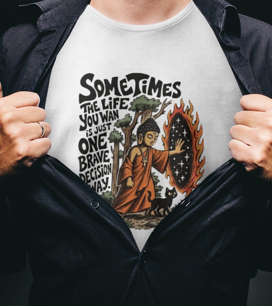 Sometimes The Life You Want Is Just One Brave Decision Away Buddha Cat Portal Forest T-Shirt