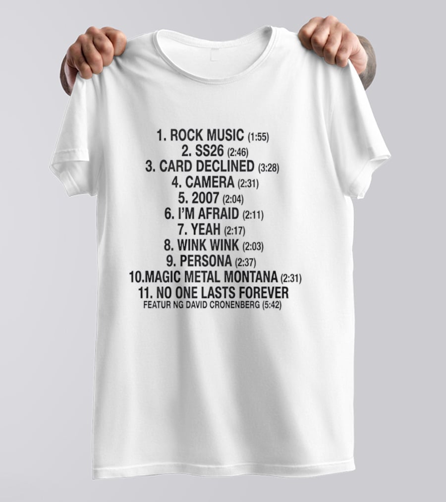 Rock Music SS26 Card Declined Camera 2007 I'm Afraid Yeah Wink Wink Persona Magic Metal Montana No One Lasts Forever Featuring David Cronenberg T-Shirt