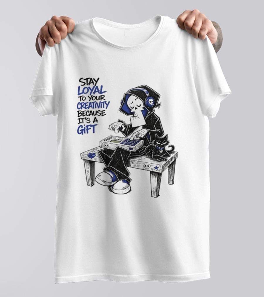 Stay Loyal To Your Creativity Grim Reaper Music Producer With Cat T-Shirt
