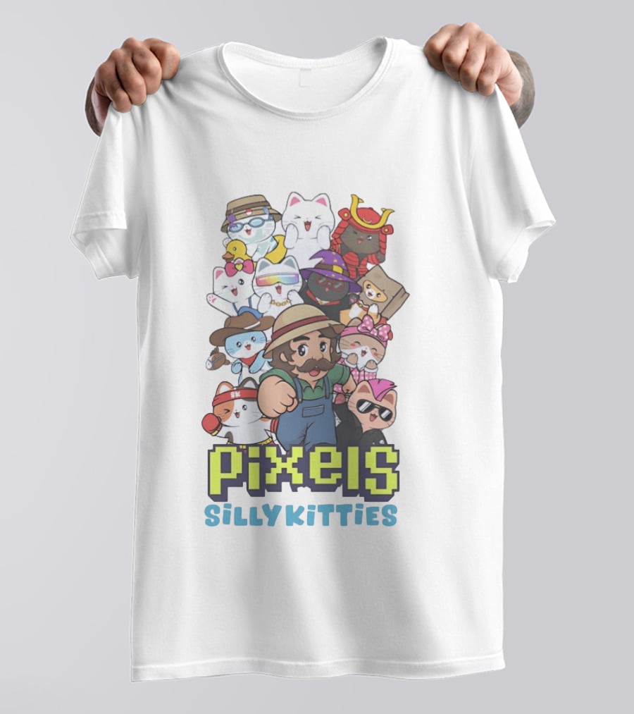Pixels Silly Kitties Character Collage With Mustached Figure And Cute Cat Ensemble T-Shirt