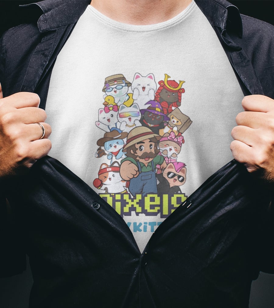 Pixels Silly Kitties Character Collage With Mustached Figure And Cute Cat Ensemble T-Shirt