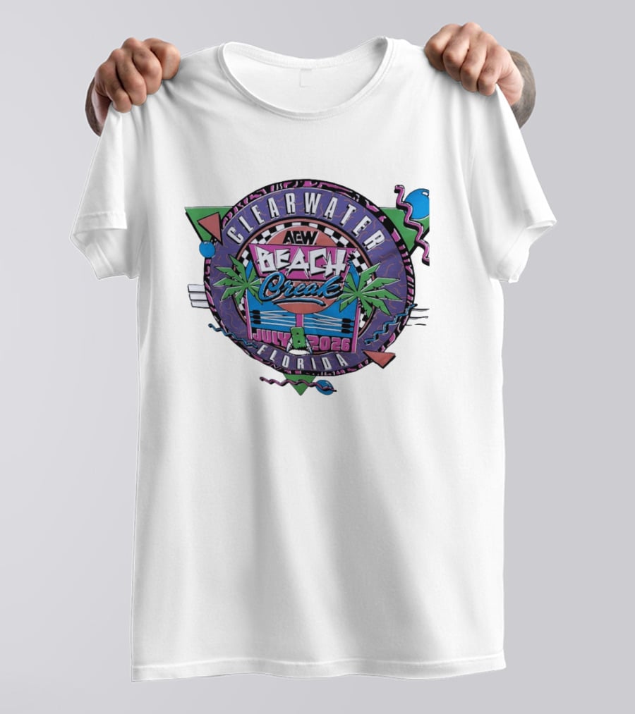 AEW Beach Break Clearwater Florida July 8 2026 Wrestling Event Tropical Palm Trees And Retro Waves T-Shirt