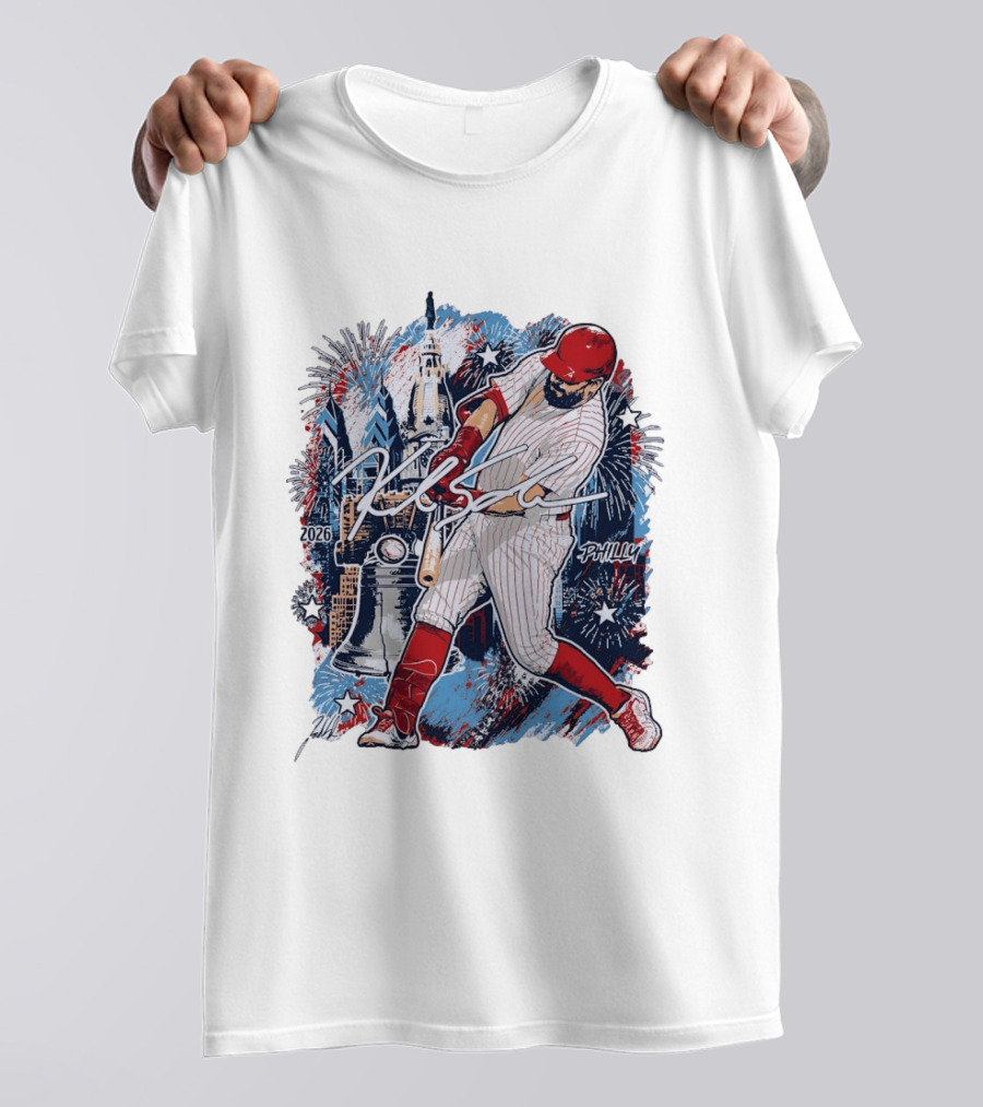 Kyle Schwarber Philly 2026 Swinging Bat Fireworks Liberty Bell T-Shirt