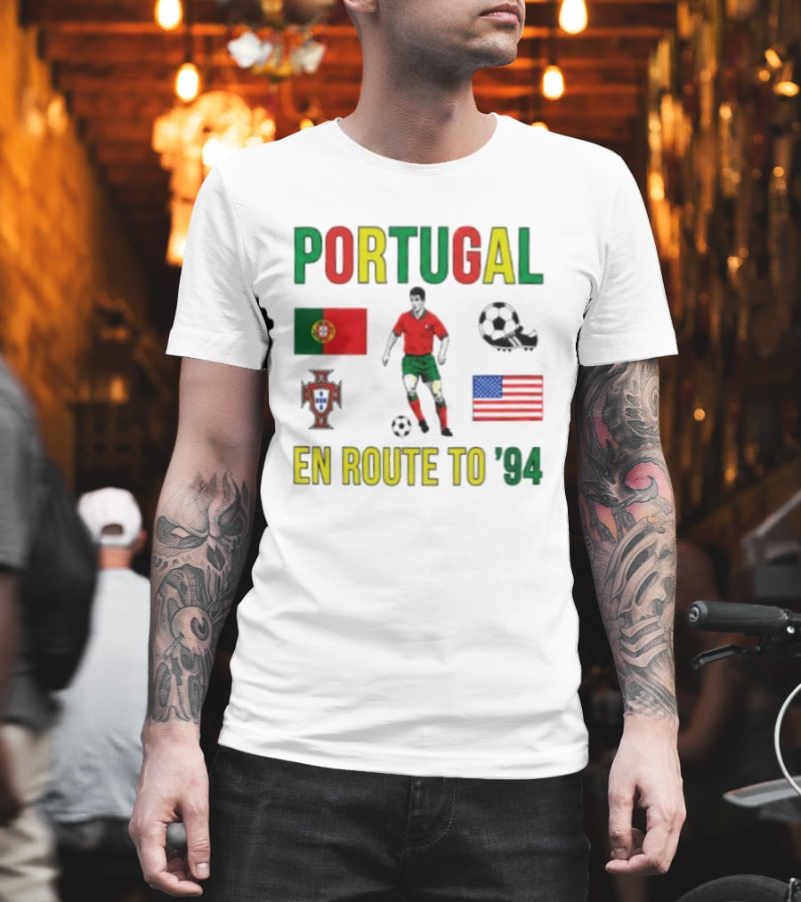 Portugal En Route To '94 World Cup Journey Footballer And Flags T-Shirt