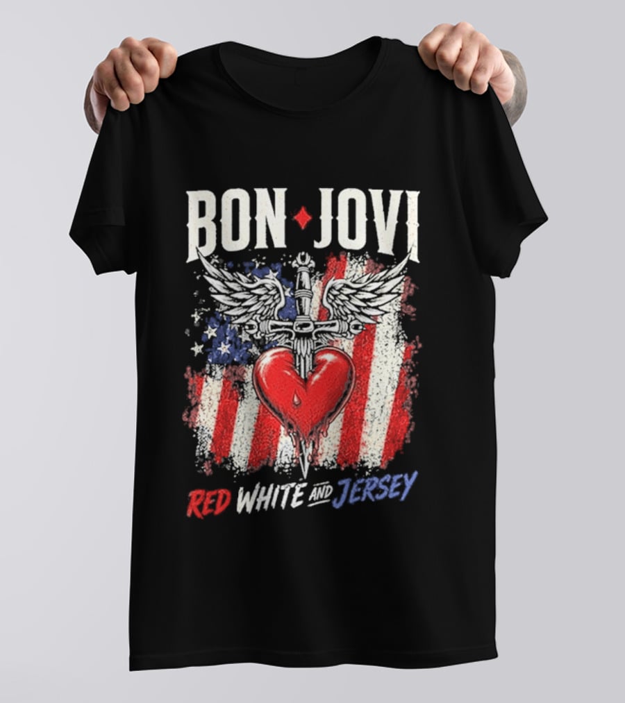 Bon Jovi Red White Jersey Heart And Dagger American Flag T-Shirt