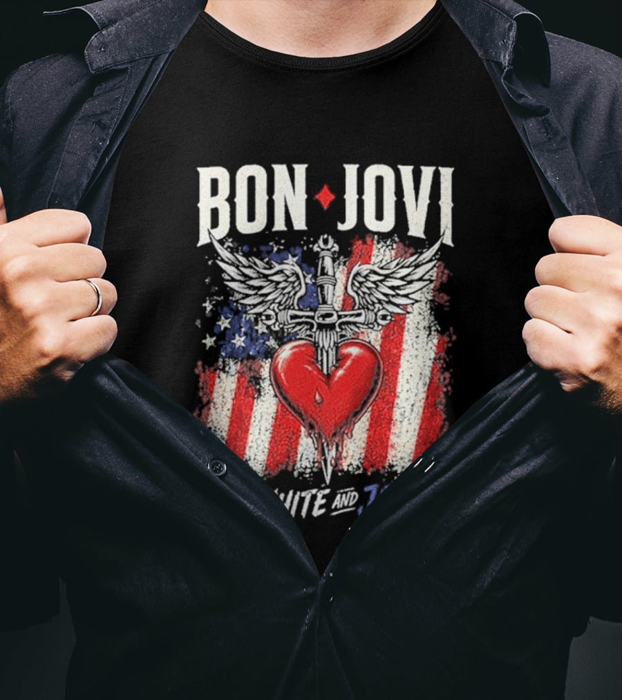 Bon Jovi Red White Jersey Heart And Dagger American Flag T-Shirt