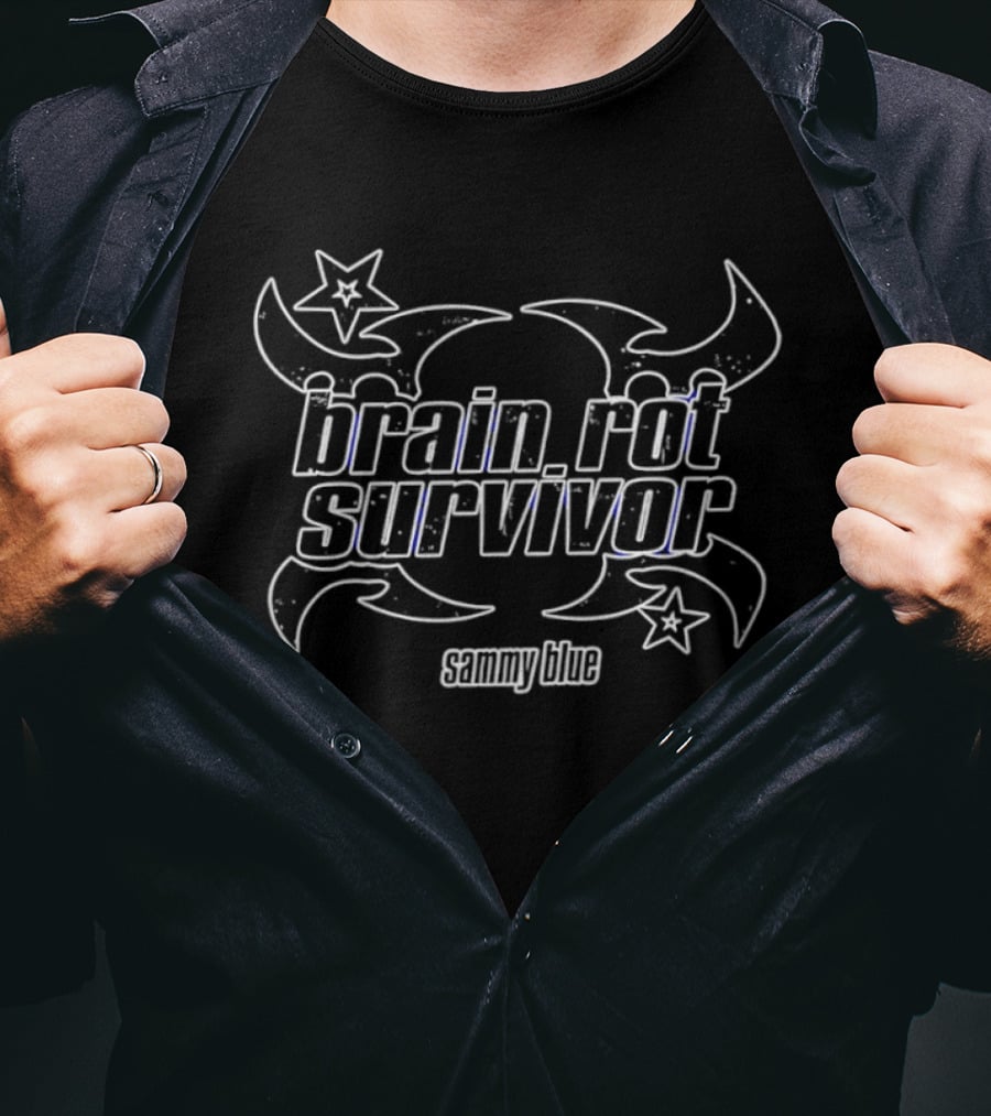 Brain Rot Survivor Sammy Blue Internet Culture Stars Skulls Tribal T-Shirt