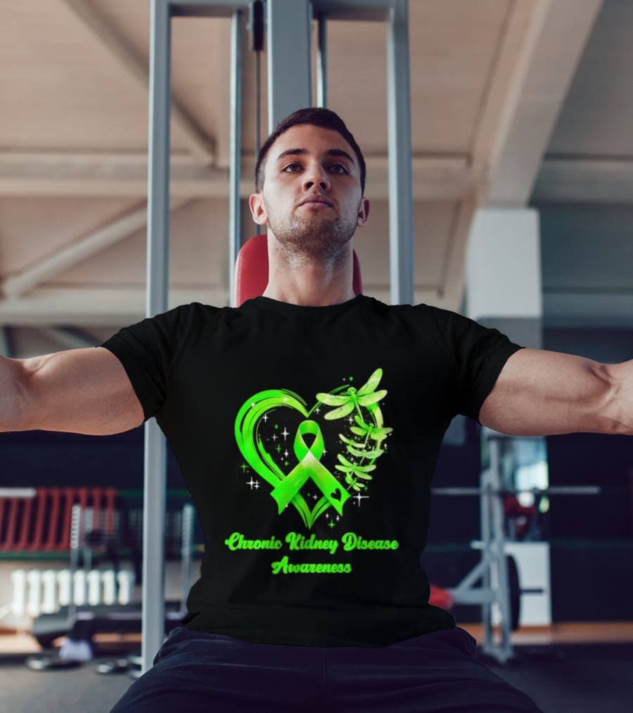 Chronic Kidney Disease Awareness Green Ribbon Heart And Dragonfly T-Shirt