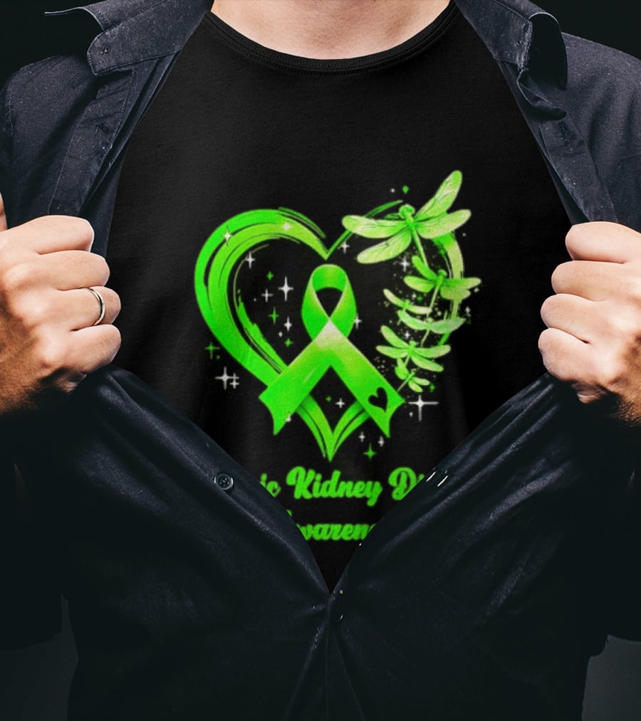 Chronic Kidney Disease Awareness Green Ribbon Heart And Dragonfly T-Shirt