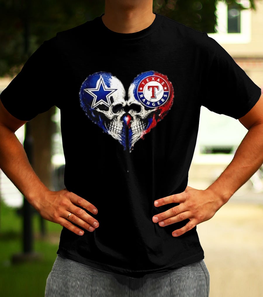 Dallas Cowboys Star And Texas Rangers Skull Heart T-Shirt