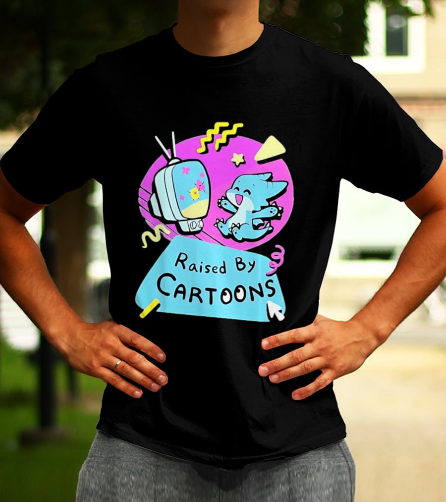 Raised By Cartoons Nostalgia 90s Kid Cartoon Lover Retro TV And Playful Puppy Scene T-Shirt