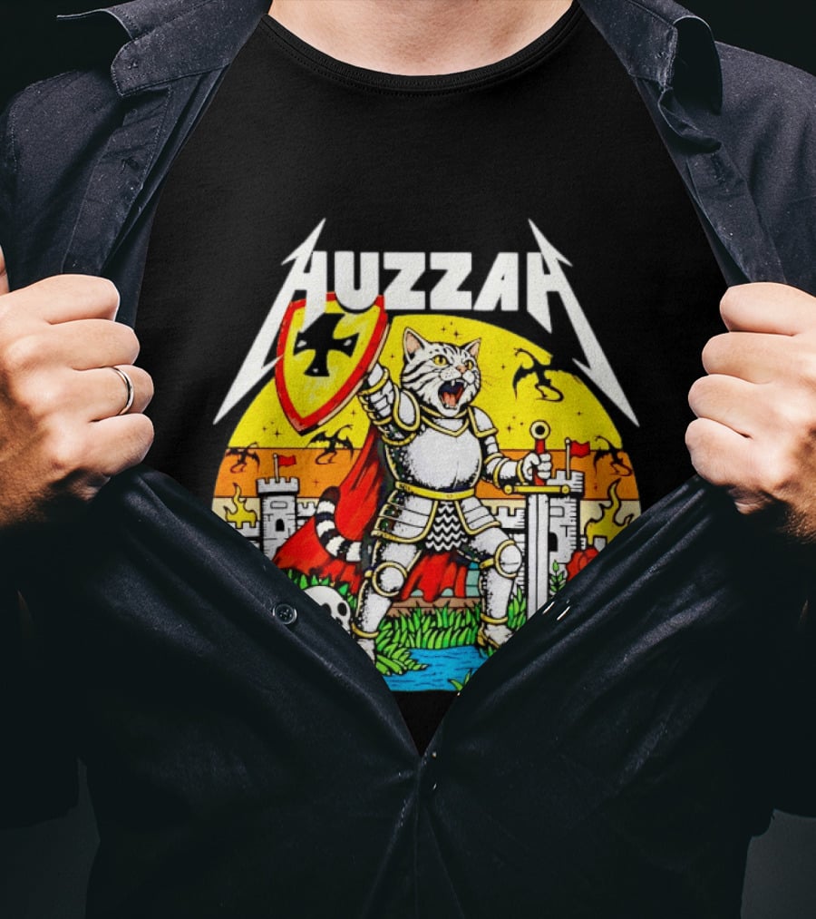 Huzzah Cat Knight Medieval Fantasy With Shield And Sword In Castle Scene T-Shirt