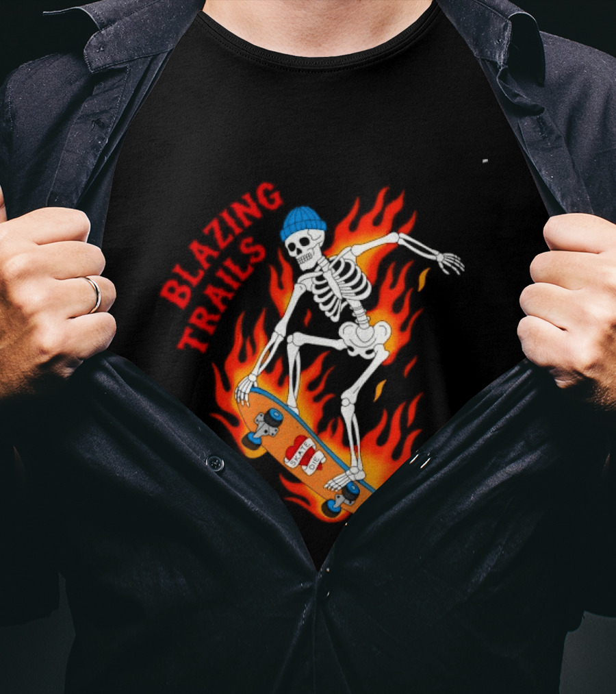 Blazing Trails Skate Or Die Skeleton Flaming Skateboard T-Shirt