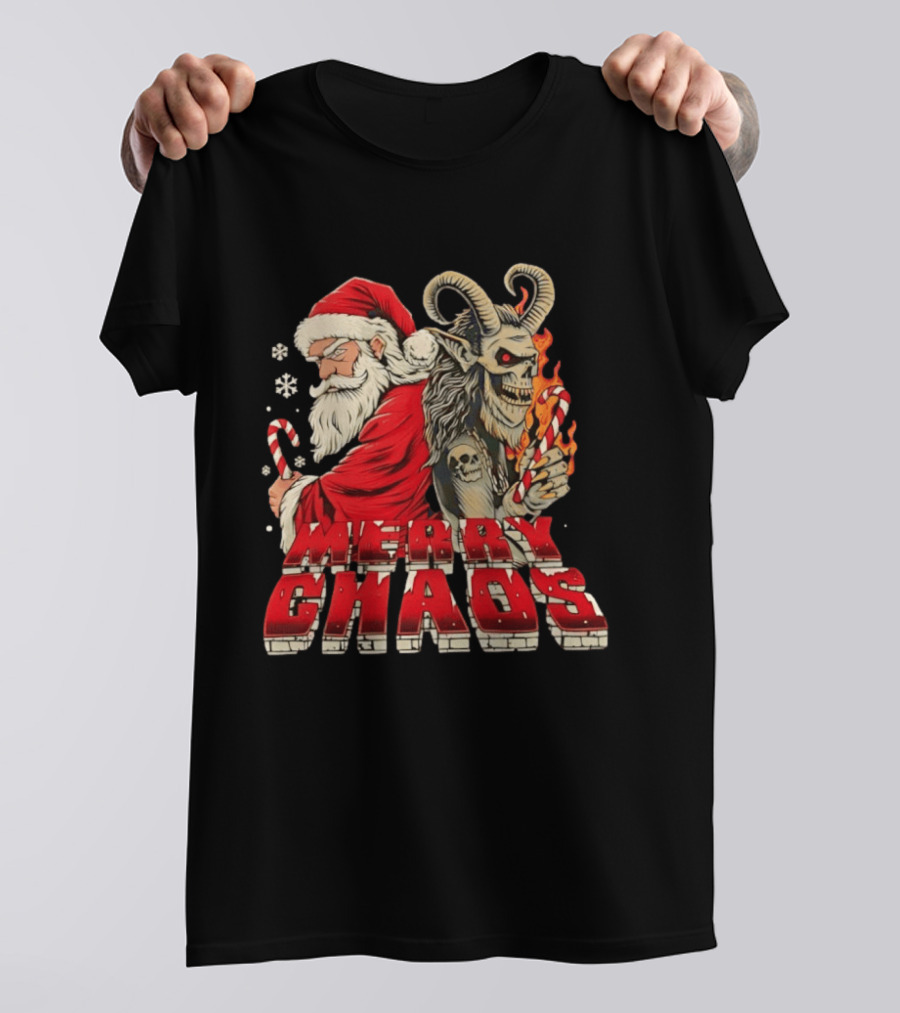 Merry Chaos Santa And Krampus Candy Cane Flames Christmas T-Shirt