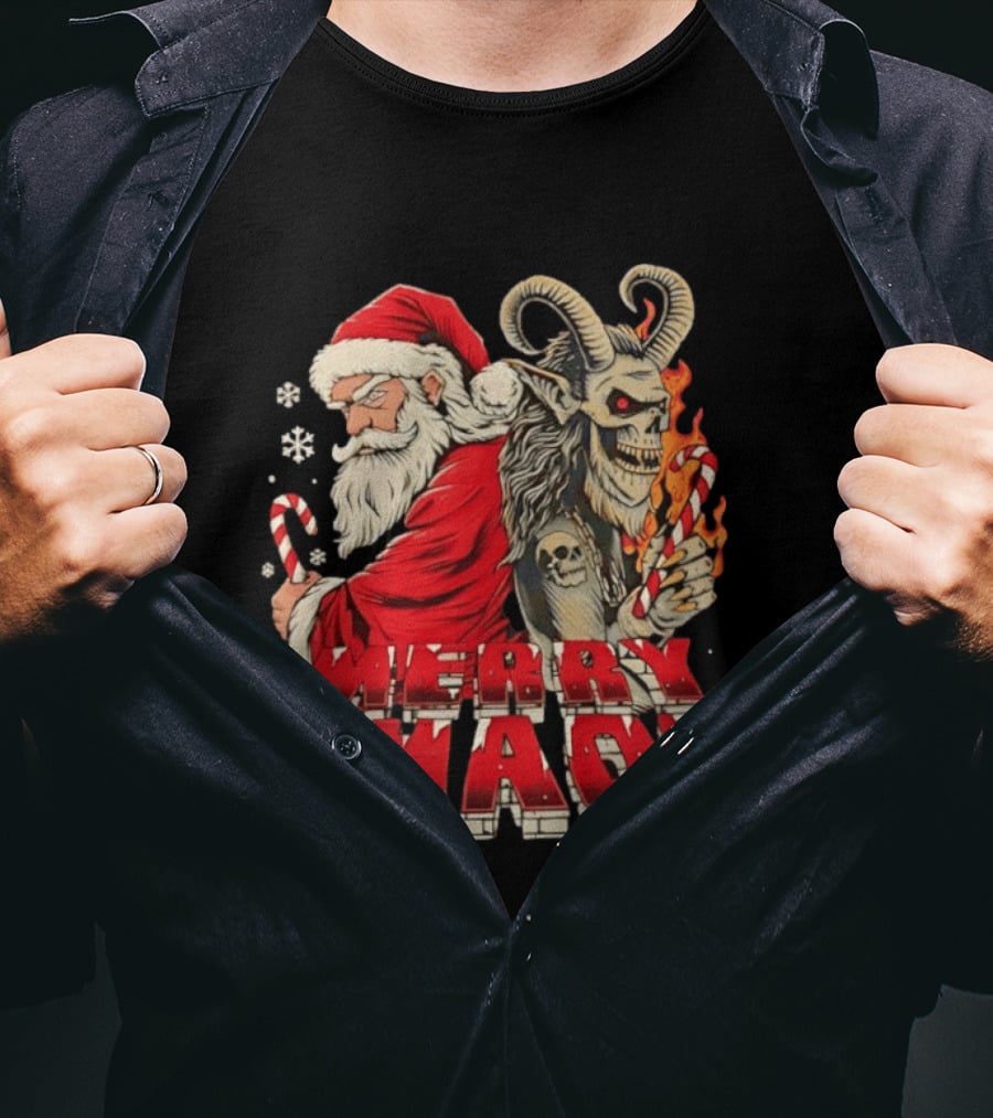 Merry Chaos Santa And Krampus Candy Cane Flames Christmas T-Shirt