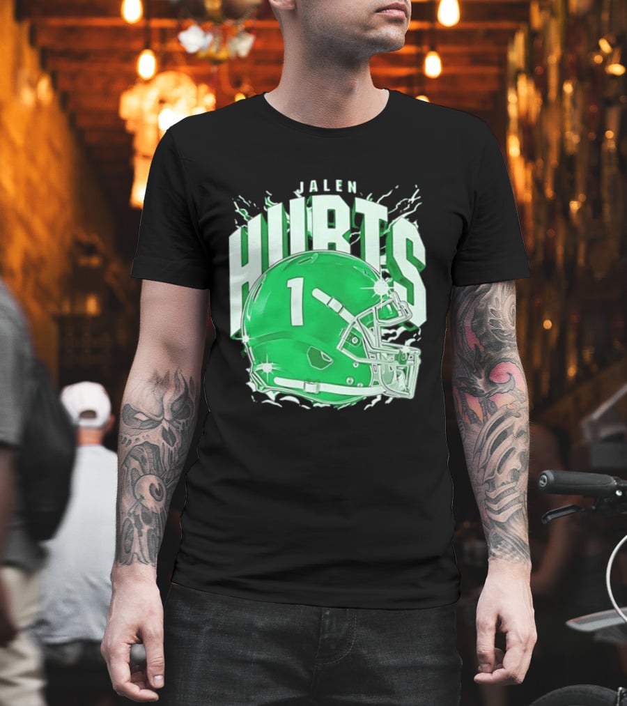Jalen Hurts 1 Philadelphia Eagles Green Helmet Football T-Shirt
