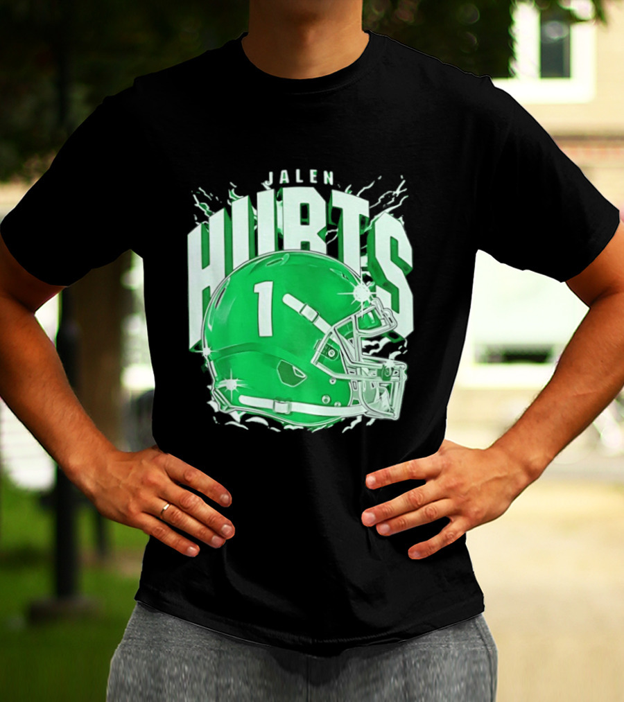 Jalen Hurts 1 Philadelphia Eagles Green Helmet Football T-Shirt