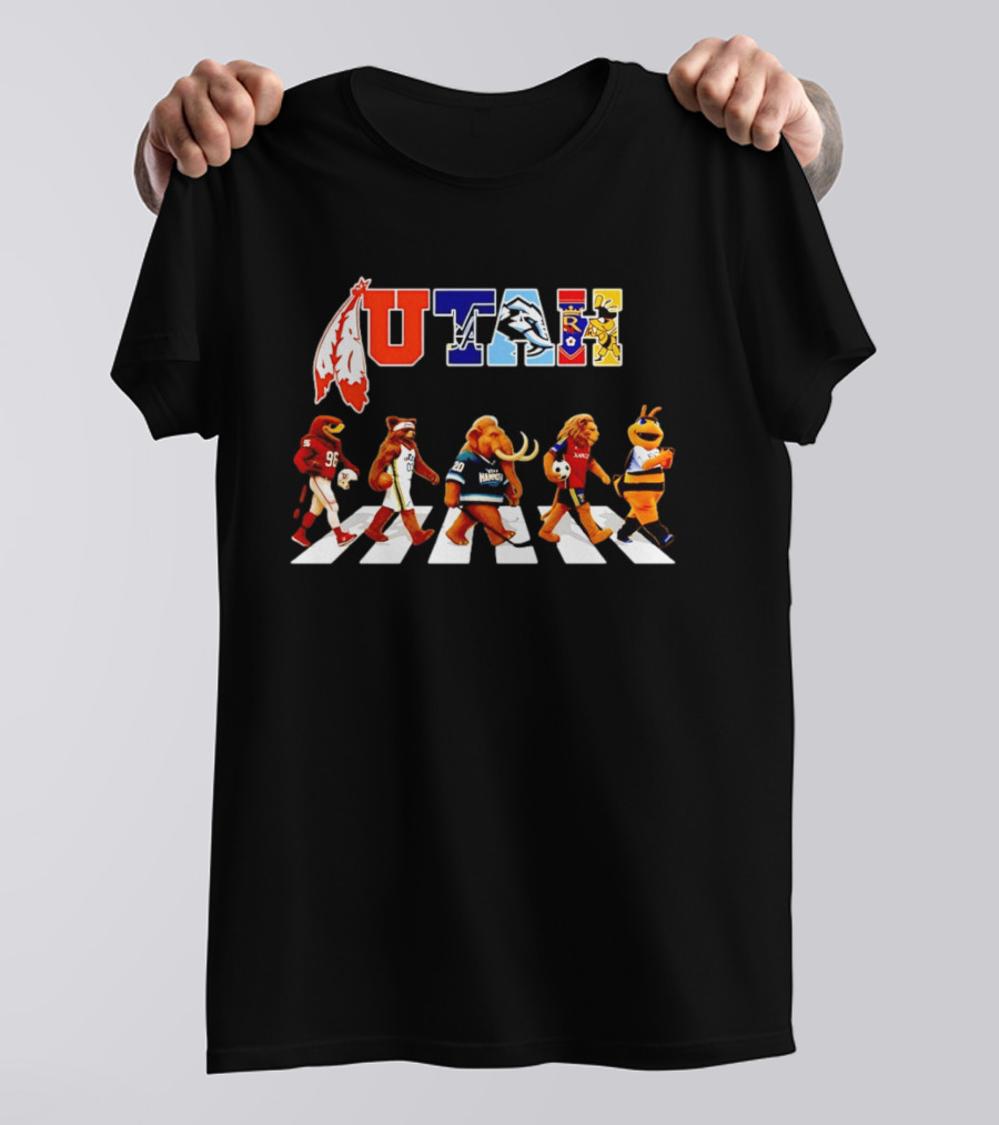 Utah Sports Mascots Walking Across Abbey Road Collage Real Salt Lake Jazz Utes Aggies T-Shirt
