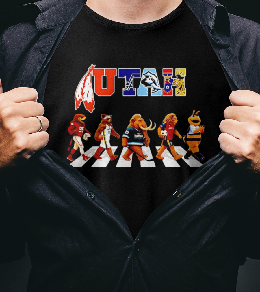 Utah Sports Mascots Walking Across Abbey Road Collage Real Salt Lake Jazz Utes Aggies T-Shirt