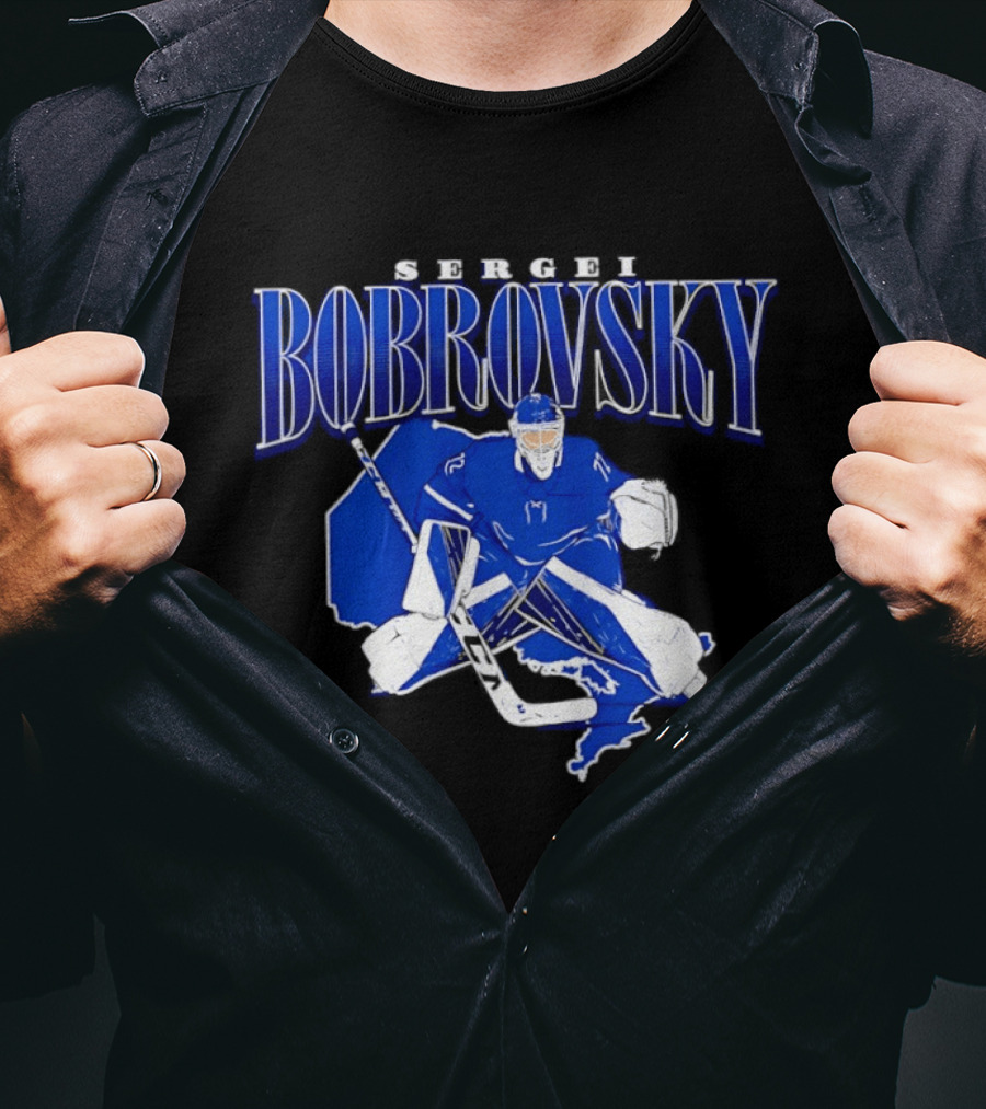 Sergei Bobrovsky Hockey Goalie Blue And White Skater T-Shirt