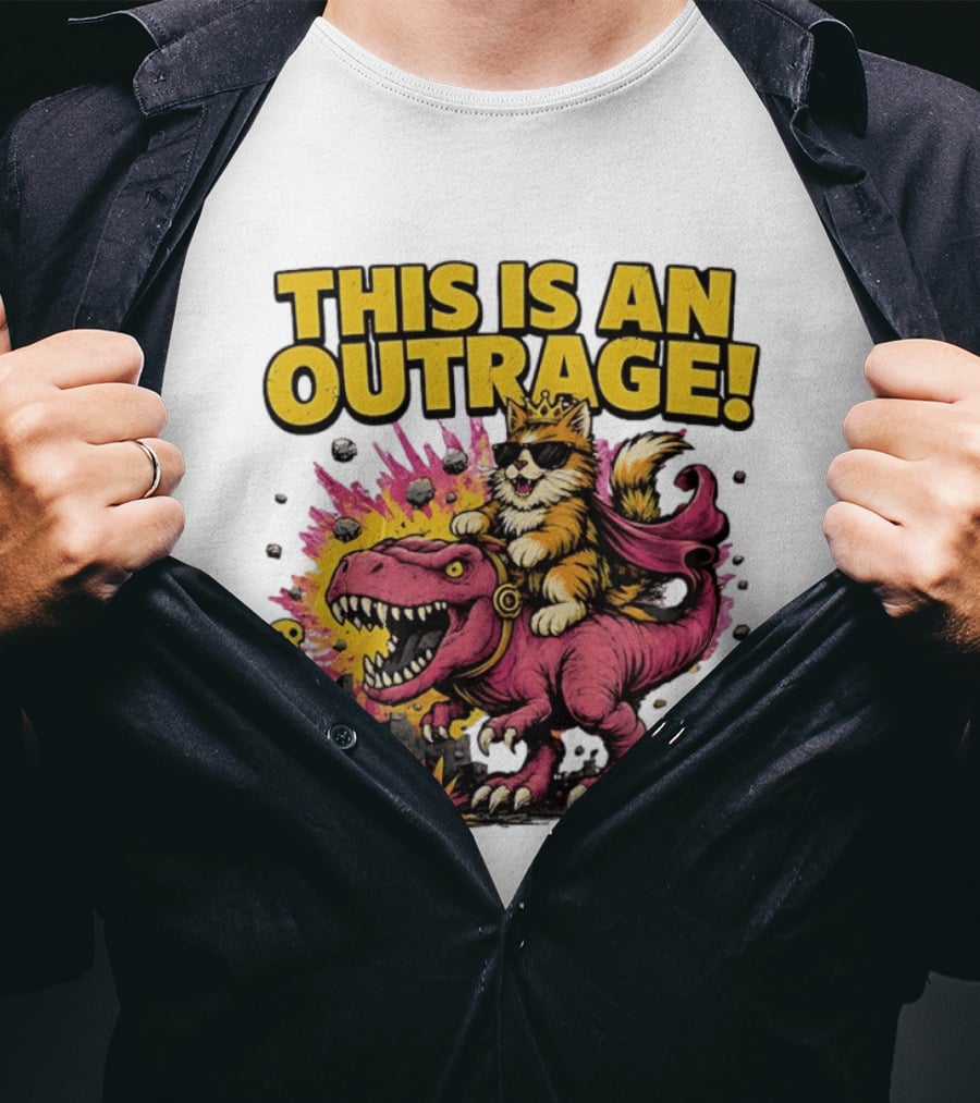 This Is An Outrage Cat King With Sunglasses Riding A Pink Rex With Explosions And Donuts T-Shirt