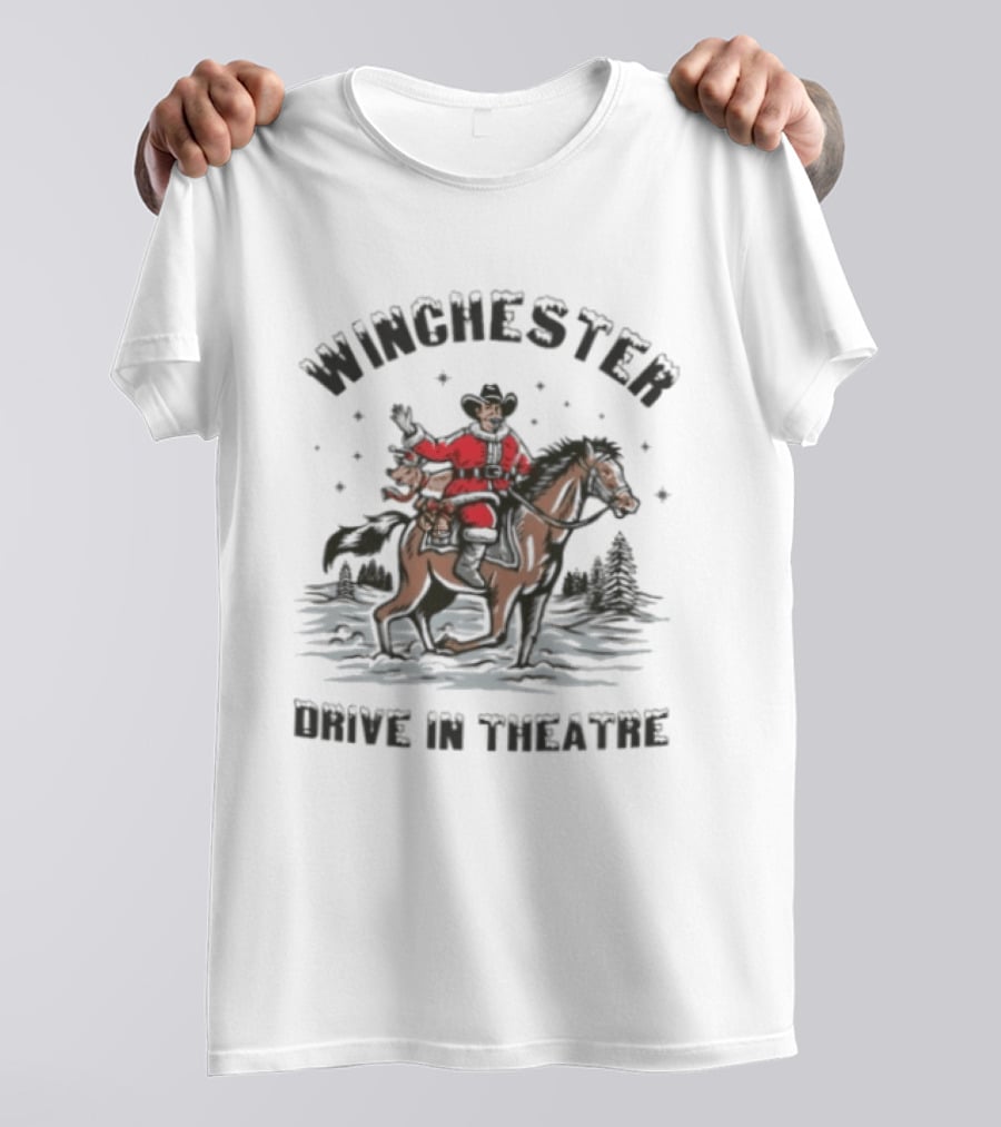 Winchester Drive In Theatre Santa Claus Riding Horse Christmas Cowboy T-Shirt