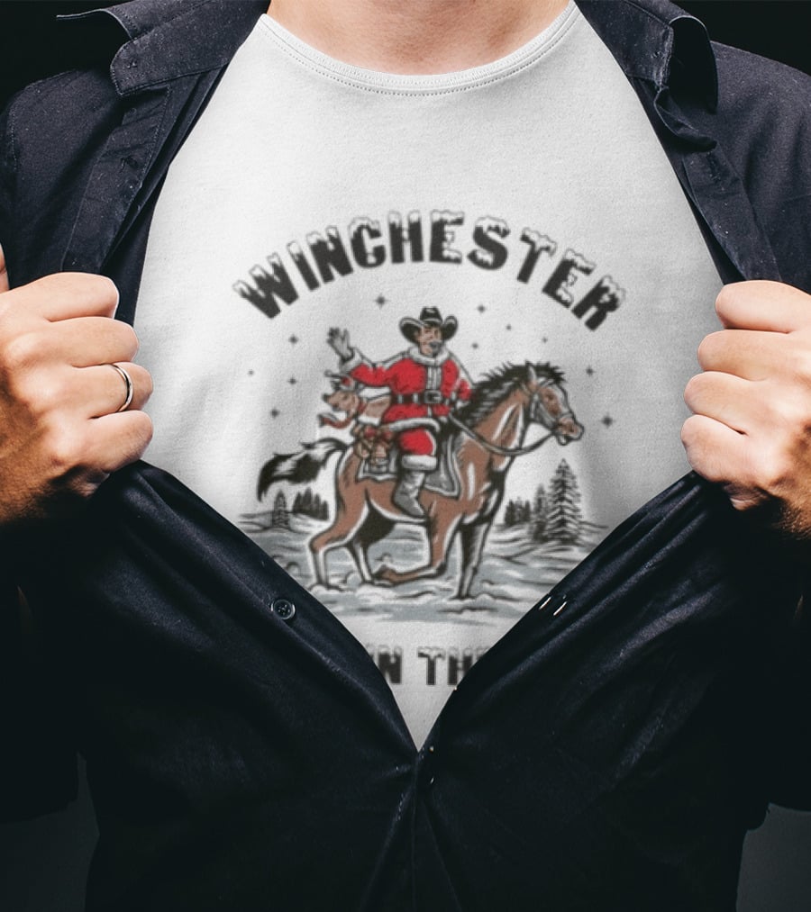 Winchester Drive In Theatre Santa Claus Riding Horse Christmas Cowboy T-Shirt