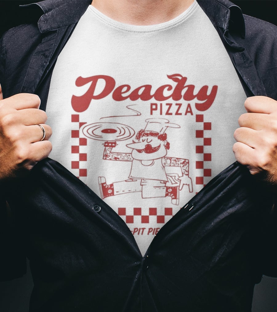 Peachy Pizza Serving Mosh Pit Pies Since 2021 Checkerboard Comic T-Shirt