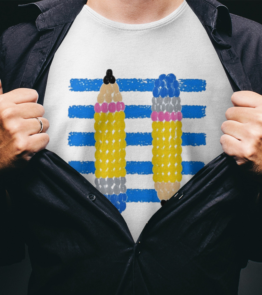 Beaded Pencils And Blue Stripes T-Shirt