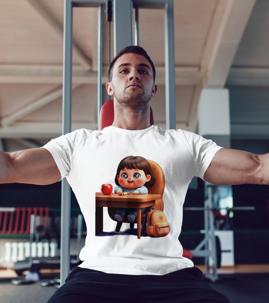 Cartoon Girl With Apple Backpack At Desk T-Shirt