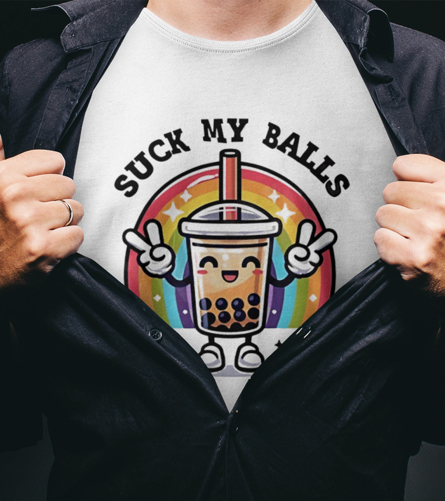 Suck My Balls Boba Tea Rainbow Peace Sign T-Shirt