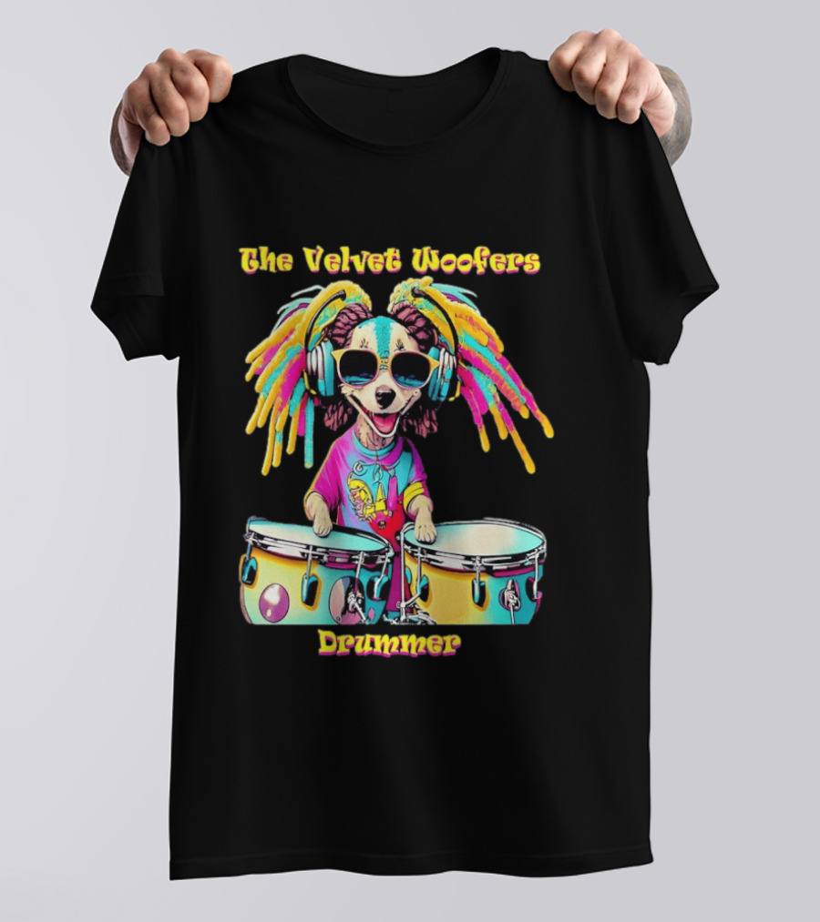 The Velvet Woofers Drummer Dog Colorful Cool Canine With Headphones And Drums T-Shirt