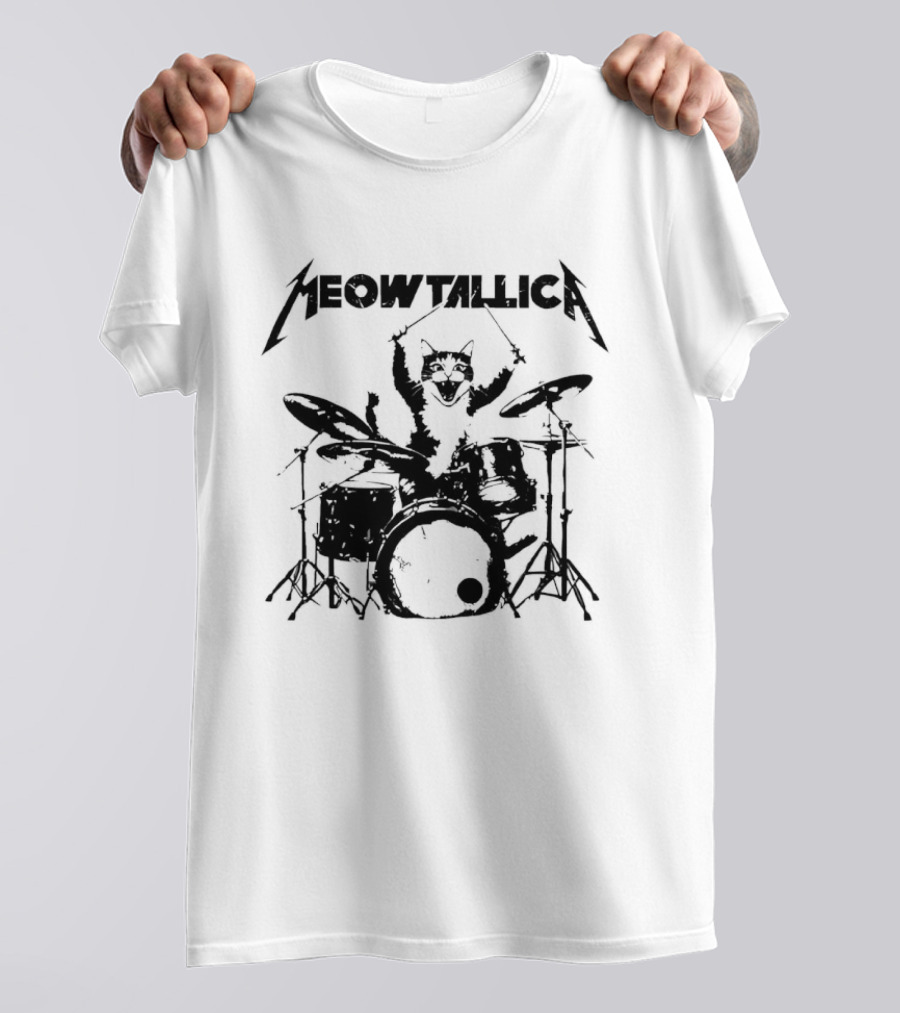 Meowtallica Cat Drummer Playing Drums Retro Metalhead T-Shirt