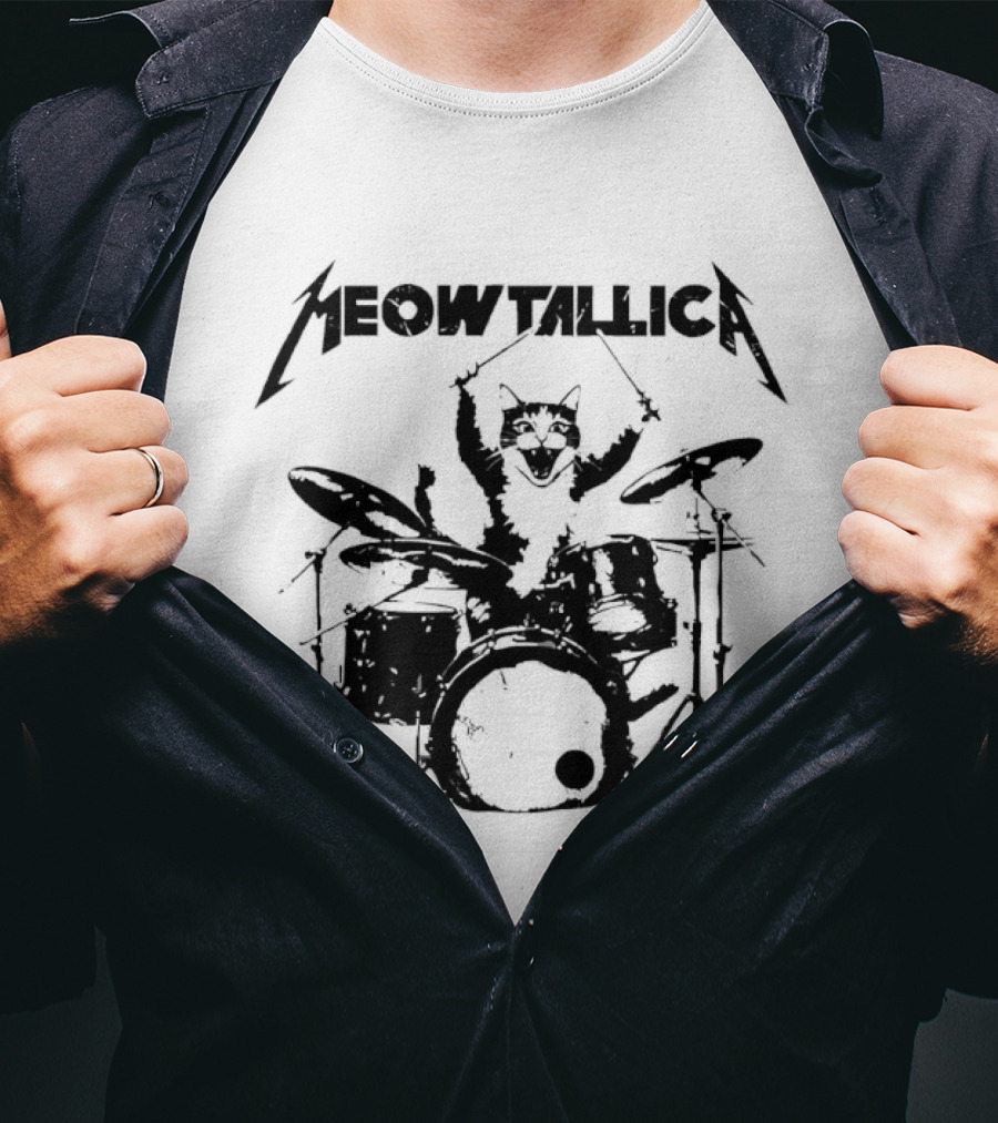 Meowtallica Cat Drummer Playing Drums Retro Metalhead T-Shirt