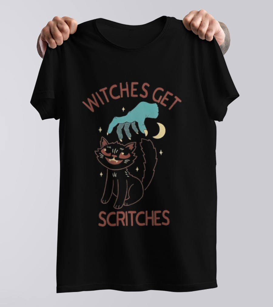 Witches Get Scritches Black Cat Halloween Moon And Hand T-Shirt
