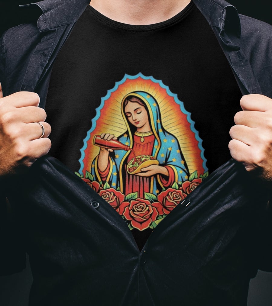 Our Lady Of Guadalupe Hot Sauce Taco With Roses And Lime T-Shirt