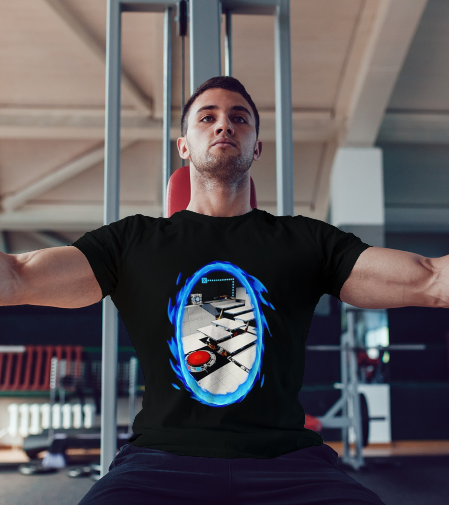 Portal Weighted Companion Cube Aperture Science Test Chamber Blue Portal Steps T-Shirt