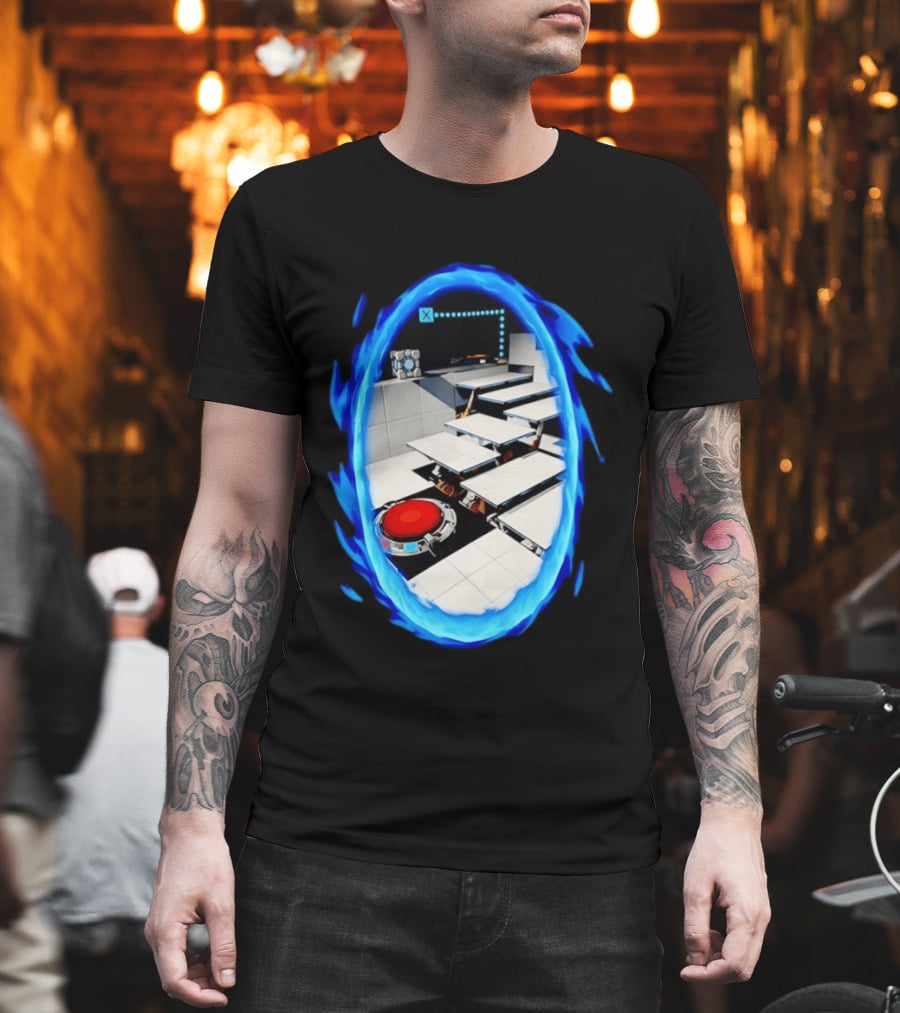 Portal Weighted Companion Cube Aperture Science Test Chamber Blue Portal Steps T-Shirt