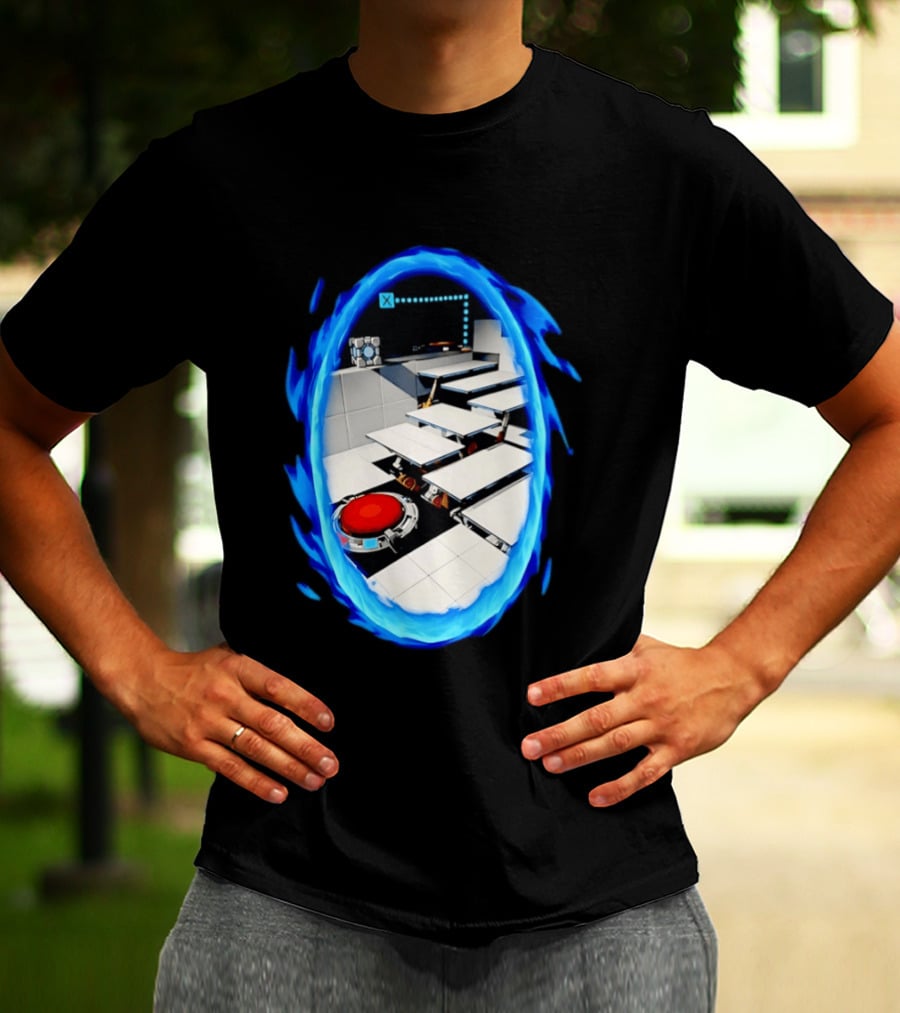 Portal Weighted Companion Cube Aperture Science Test Chamber Blue Portal Steps T-Shirt