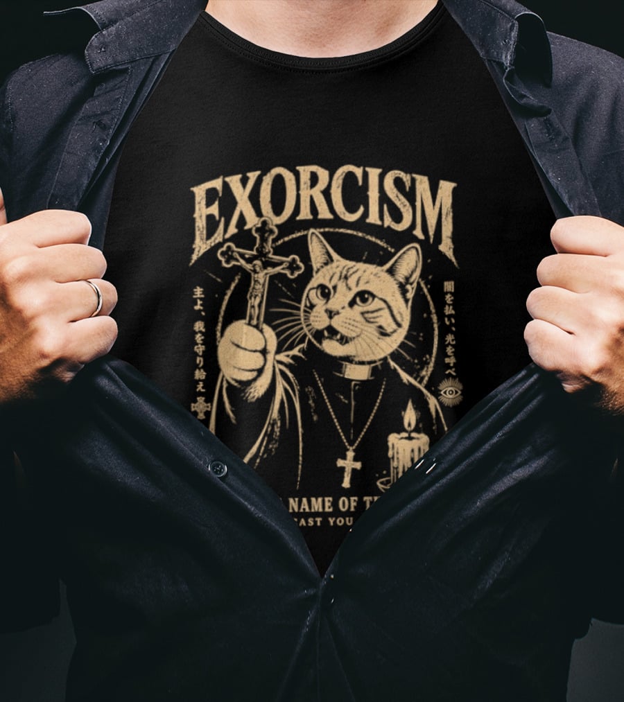 Exorcism Cat In The Name Of The Lord I Cast You Out Cross Candle T-Shirt