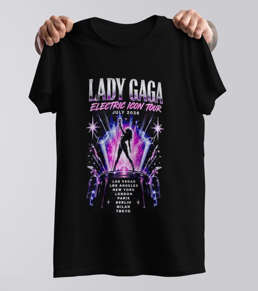 Lady Gaga Electric Icon Tour July 2026 Las Vegas Los Angeles New York London Paris Berlin Milan Tokyo T-Shirt