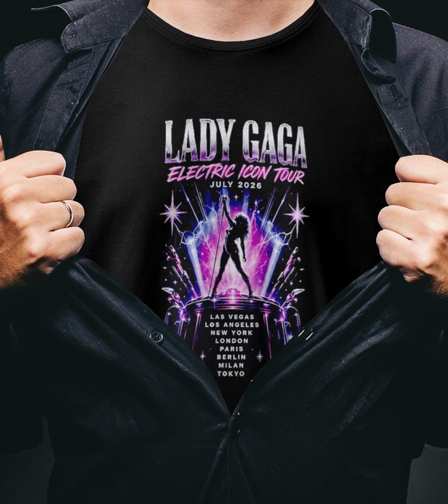 Lady Gaga Electric Icon Tour July 2026 Las Vegas Los Angeles New York London Paris Berlin Milan Tokyo T-Shirt