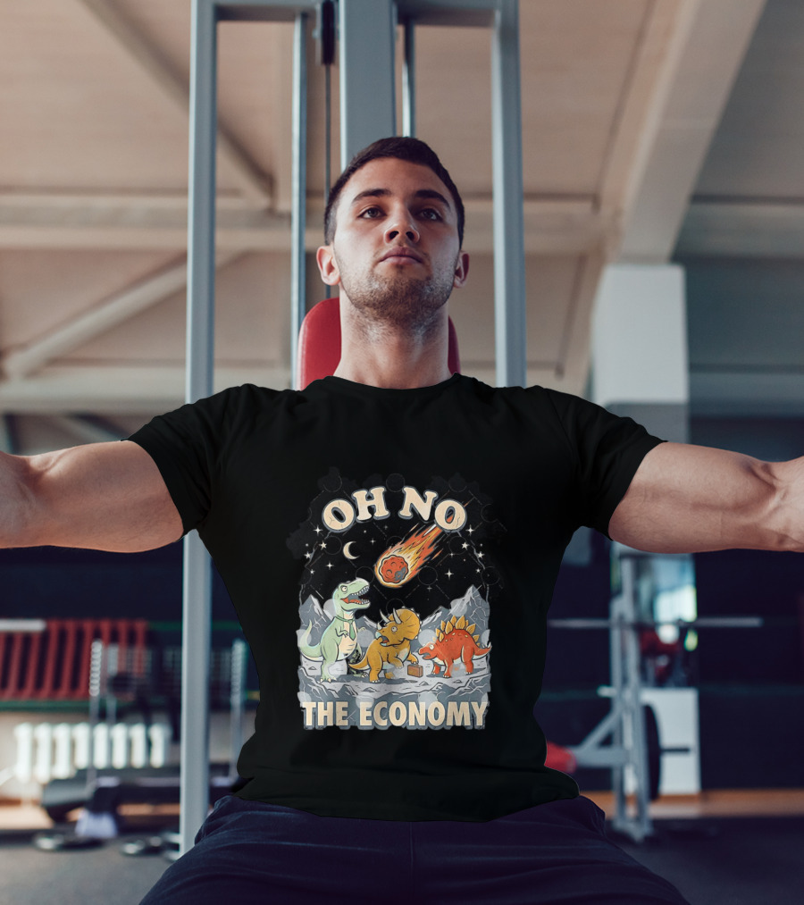 Oh No The Economy Dinosaurs Meteor Cartoon Funny Design Dinosaur Comic T-Shirt