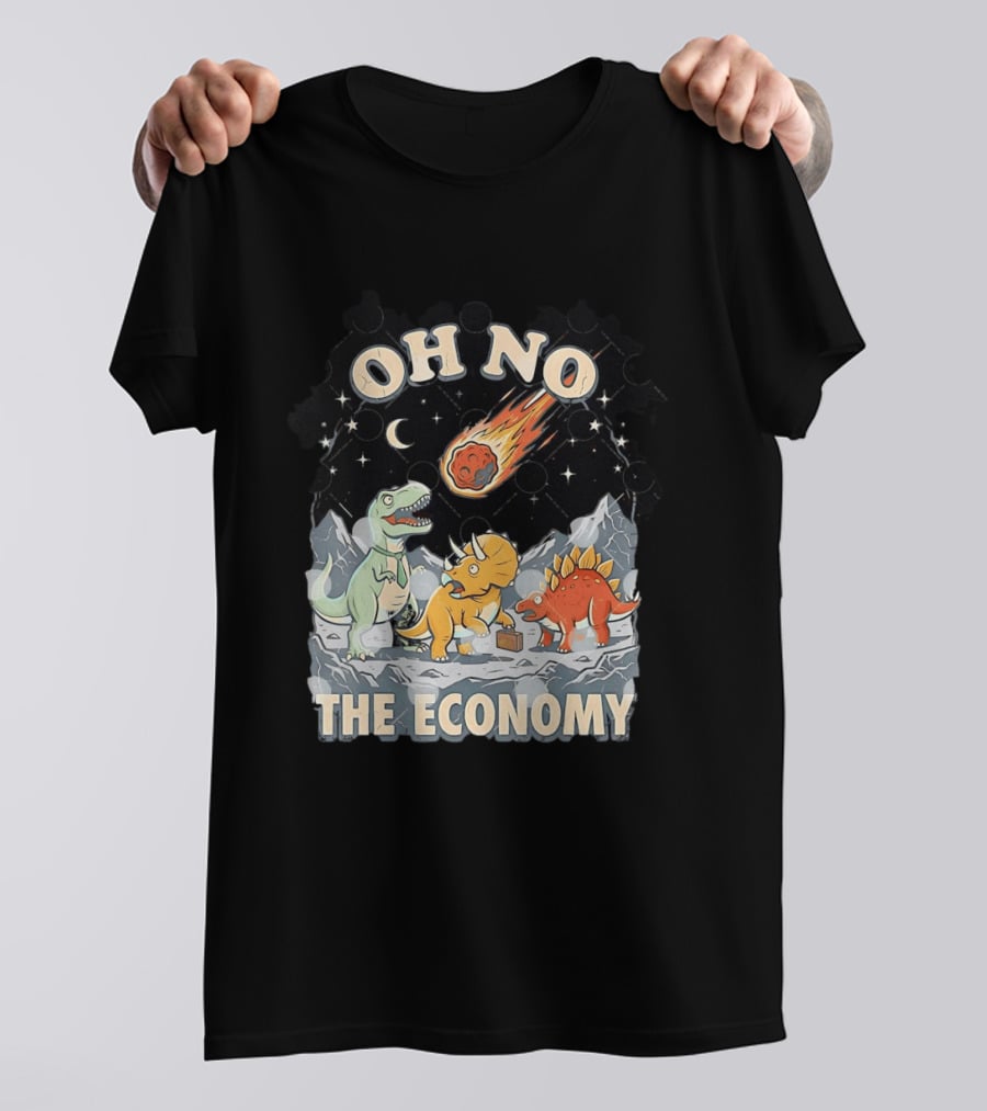Oh No The Economy Dinosaurs Meteor Cartoon Funny Design Dinosaur Comic T-Shirt