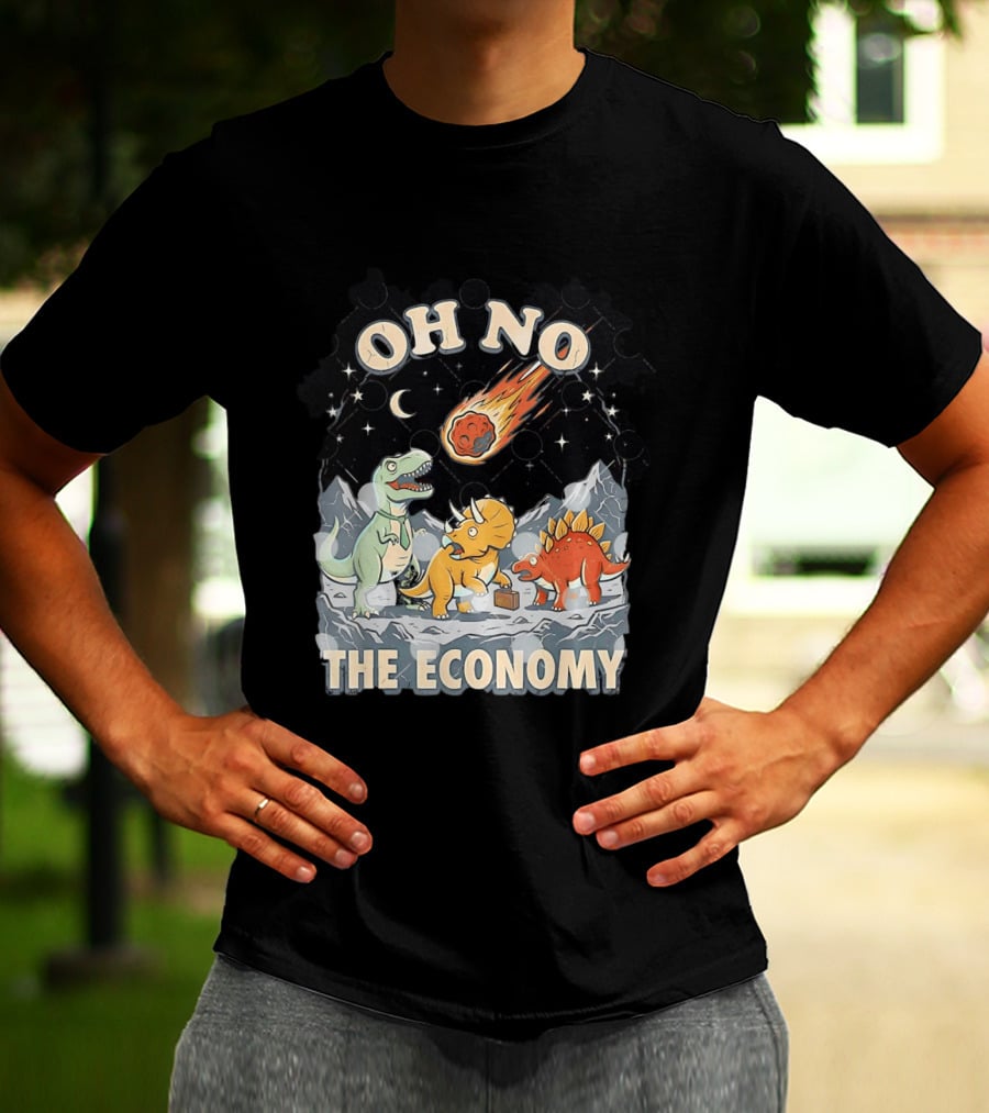 Oh No The Economy Dinosaurs Meteor Cartoon Funny Design Dinosaur Comic T-Shirt