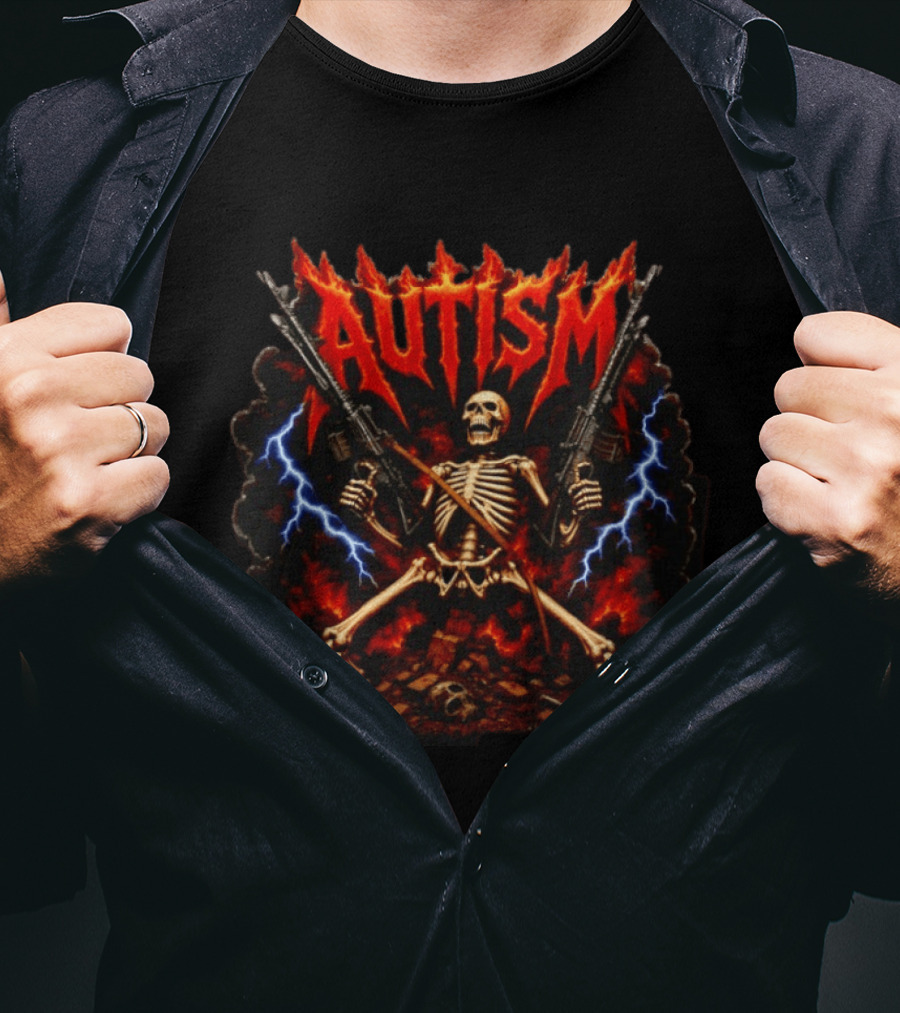 Autism Skeleton With Rifles Heavy Metal Lightning Flames T-Shirt